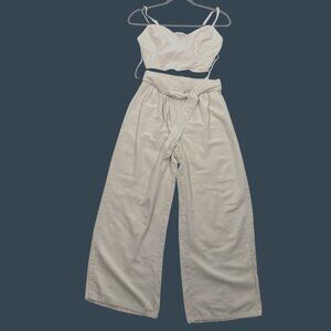 Night sky Linen Blend Crop Top & Wide Leg Pants Set Ivory S neutral co ord set